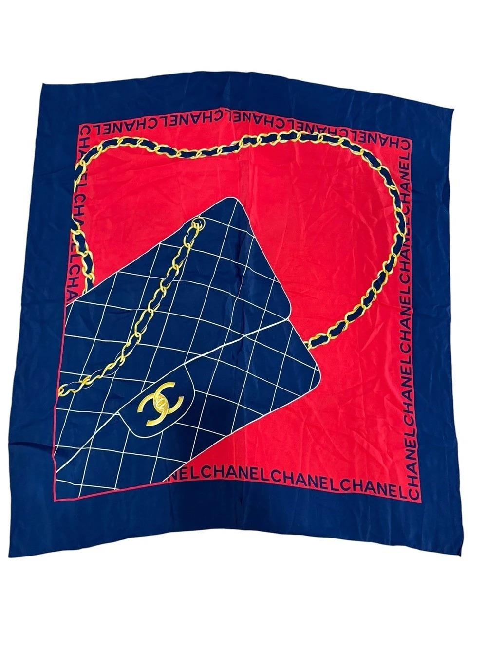 Chanel Vintage Classic Flap Bag Chain Motif Silk Scarf Silk Scarf in Blue & Red